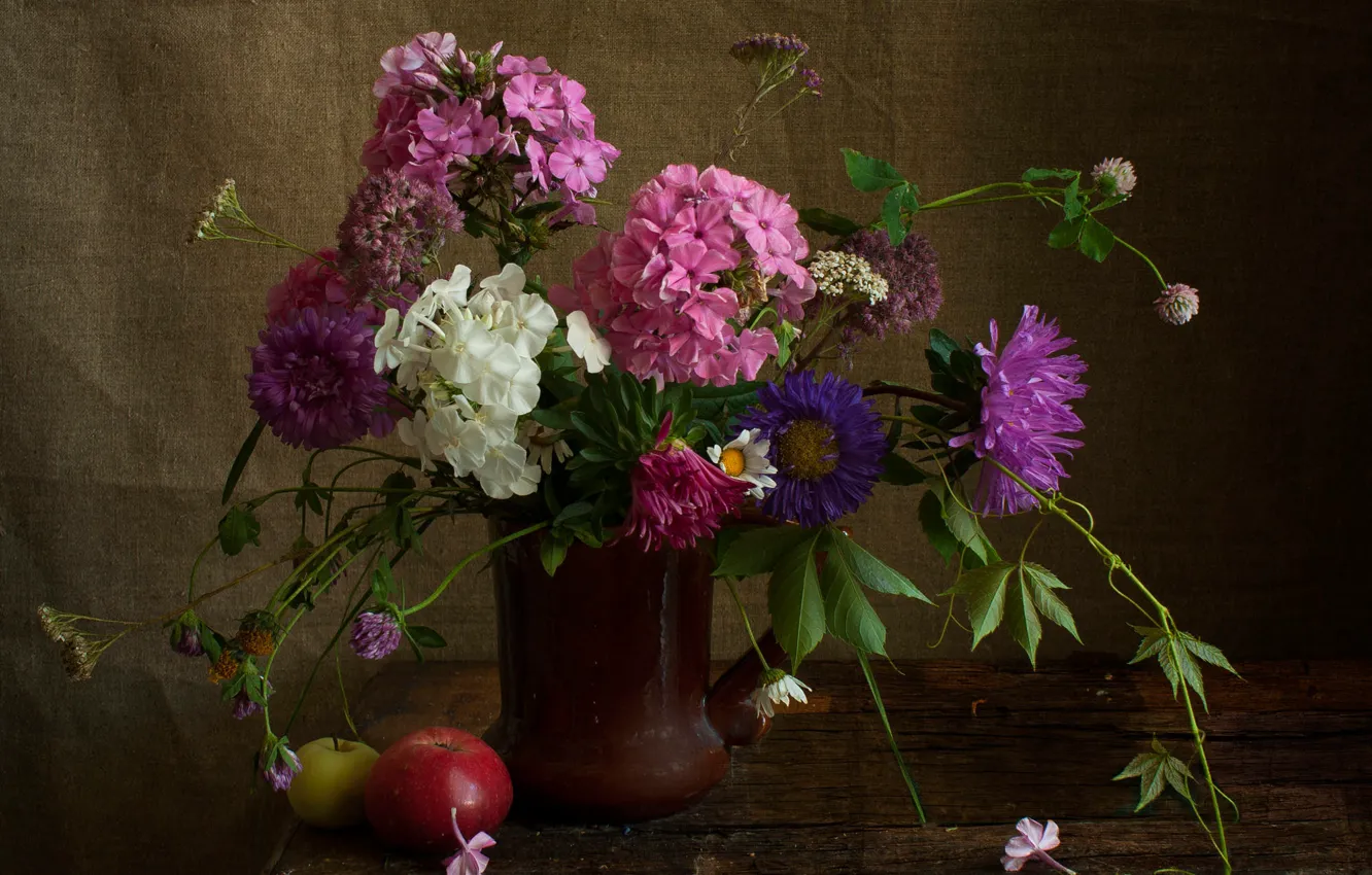 Photo wallpaper flowers, table, apples, bouquet, mug, pink, white, still life