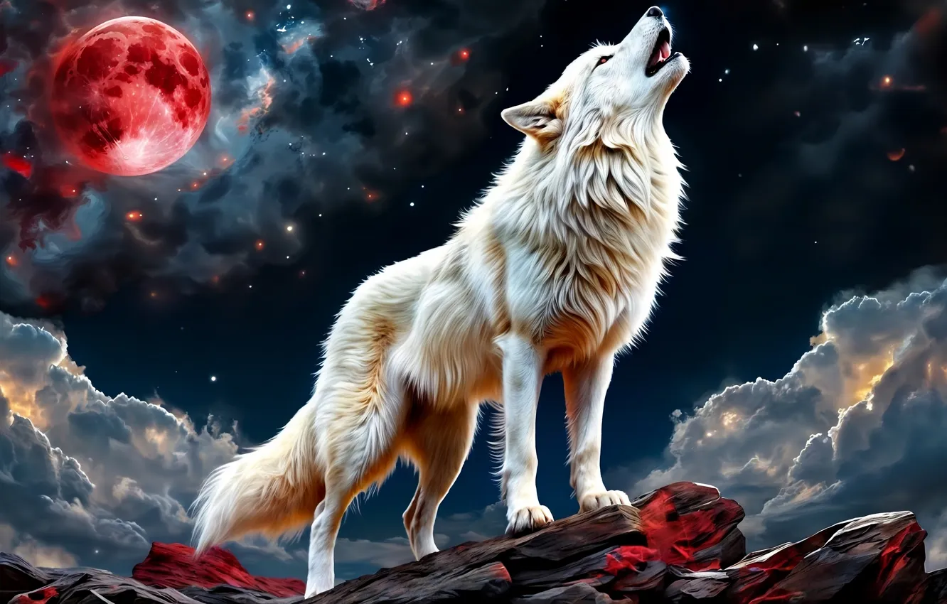 Photo wallpaper moon, night, wolf, AI Art