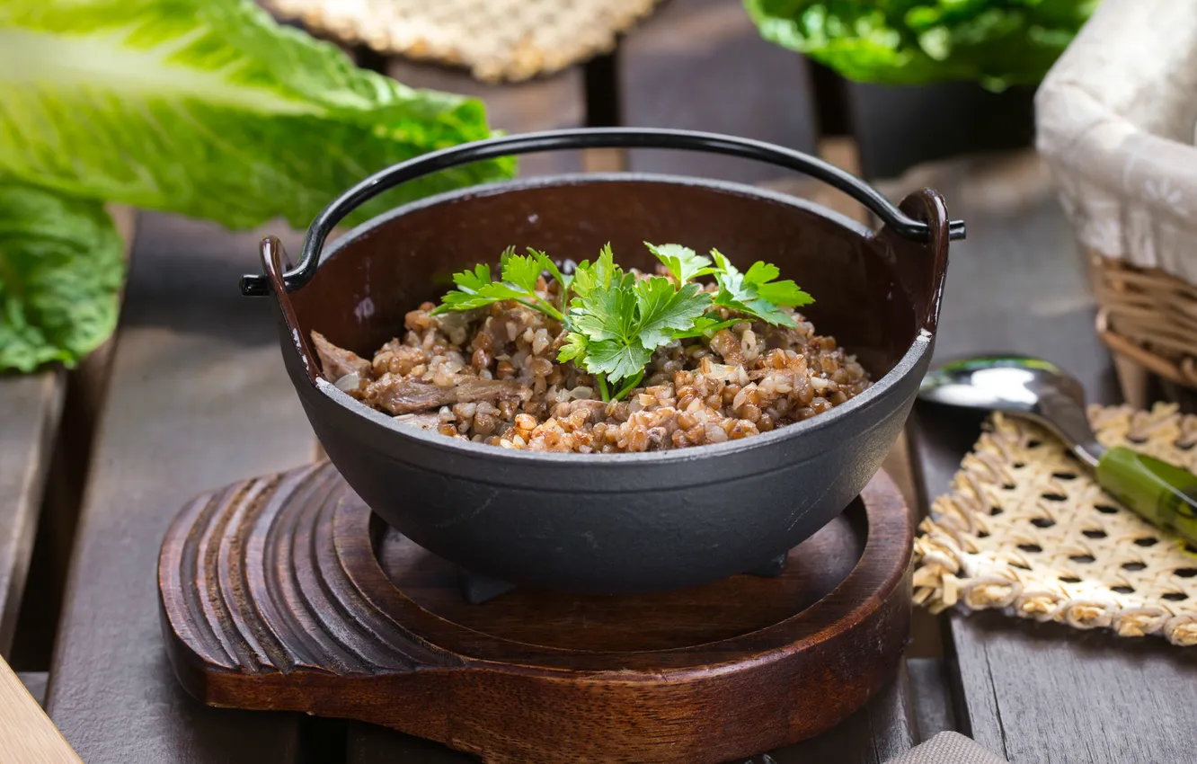 Photo wallpaper bowl, parsley, porridge, buckwheat