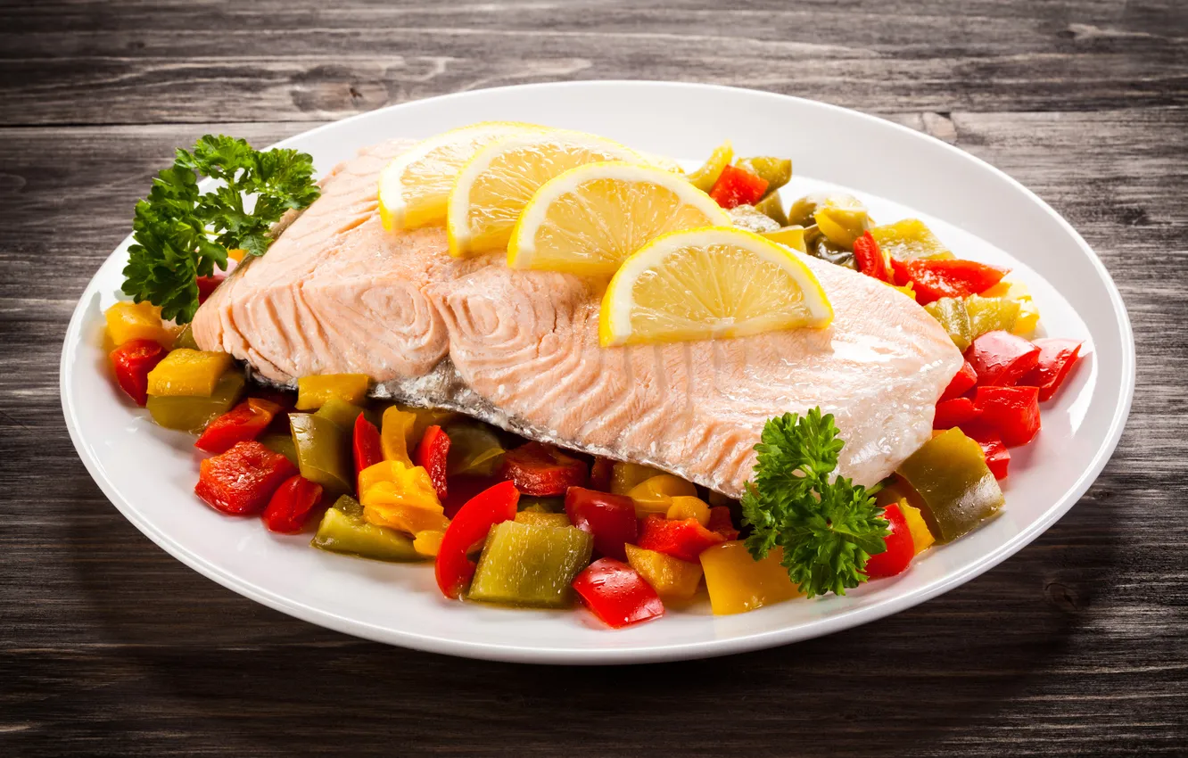 Photo wallpaper lemon, fish, lemon, pepper, fish, pepper