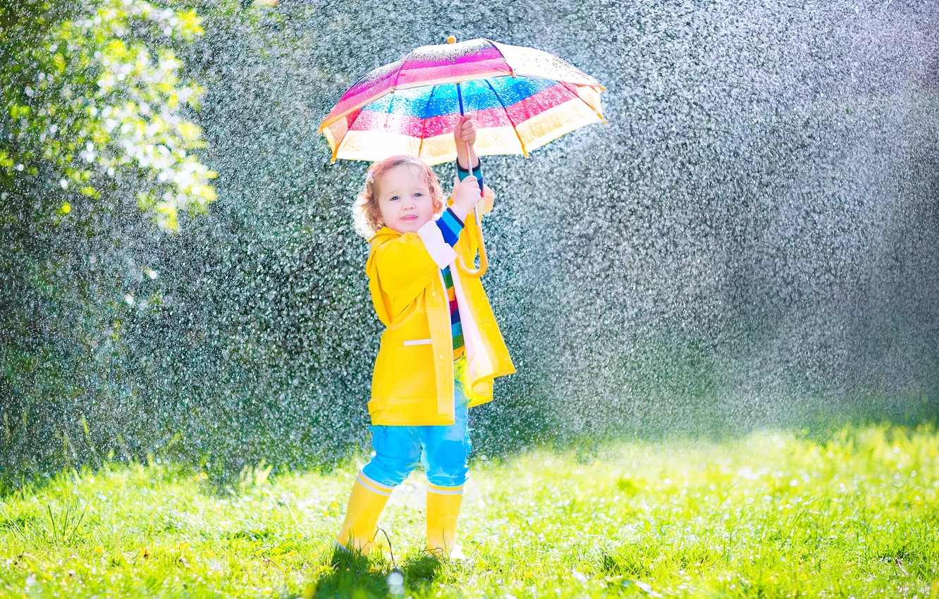 Photo wallpaper children, rain, umbrella, girl