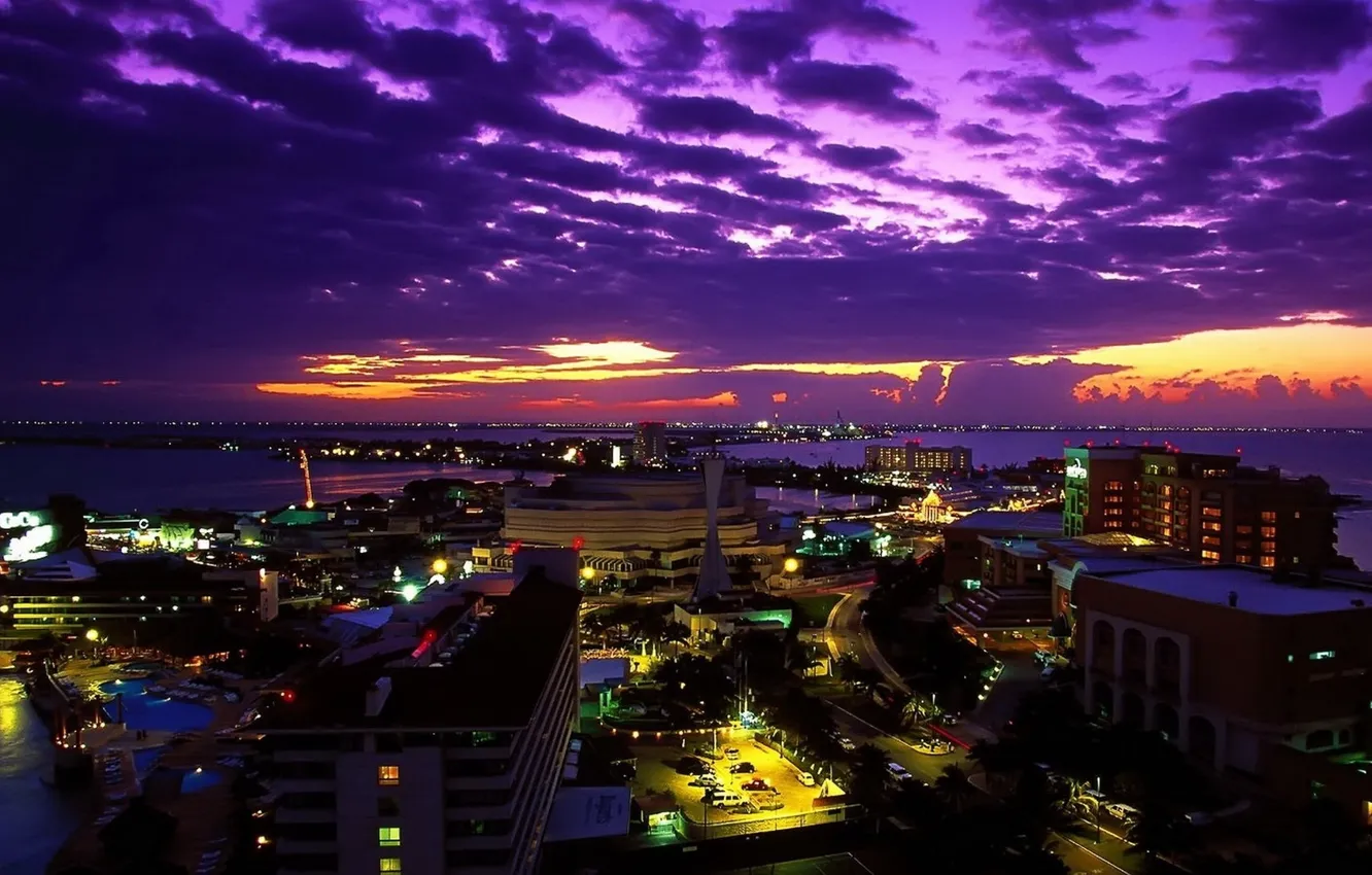 Photo wallpaper city, lights, sky, sunset, bokeh