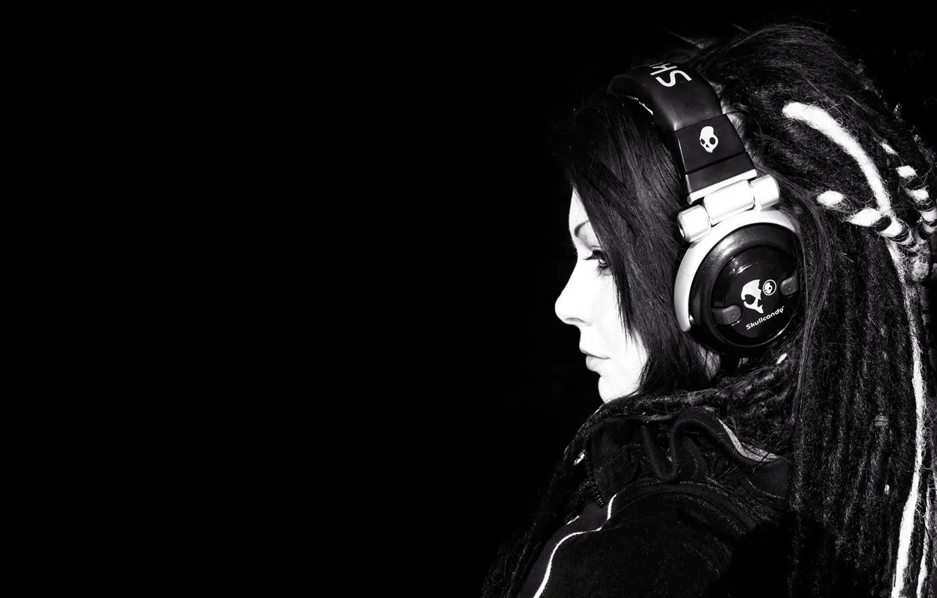 Photo wallpaper girl, headphones, black background