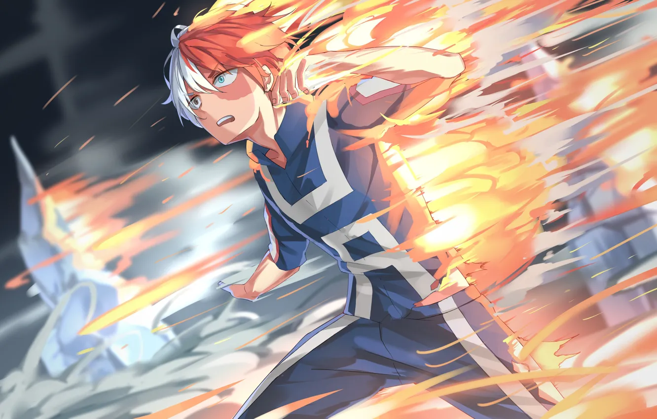 Photo wallpaper fire, flame, ice, anime, hero, manga, powerful, strong