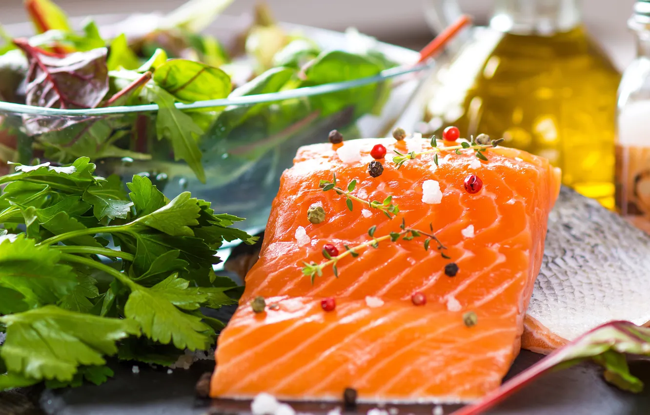 Photo wallpaper greens, oil, fish, fish, spices, spices