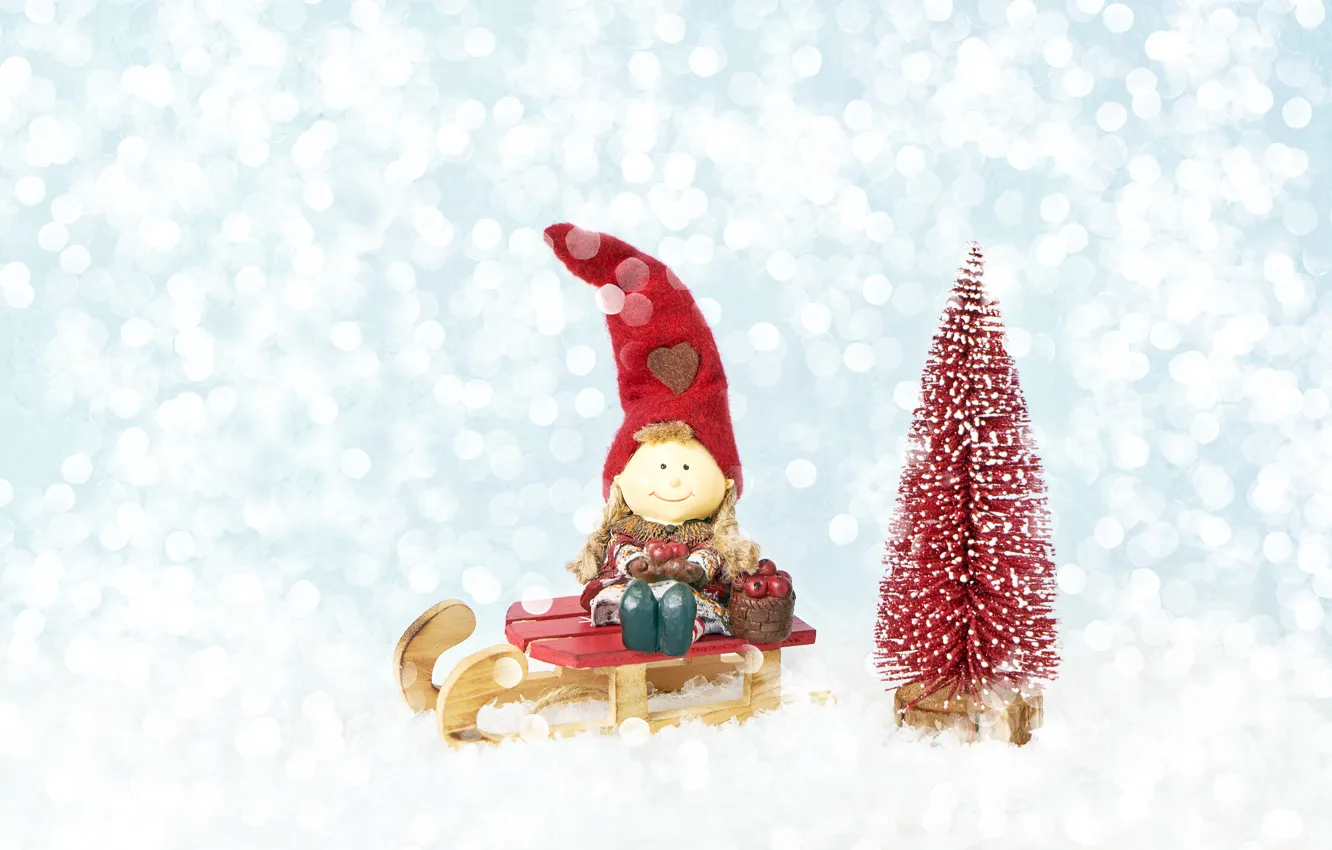 Photo wallpaper holiday, tree, new year, dwarf, sled, Rights Reserved, LAIMDOTA GRIVANE