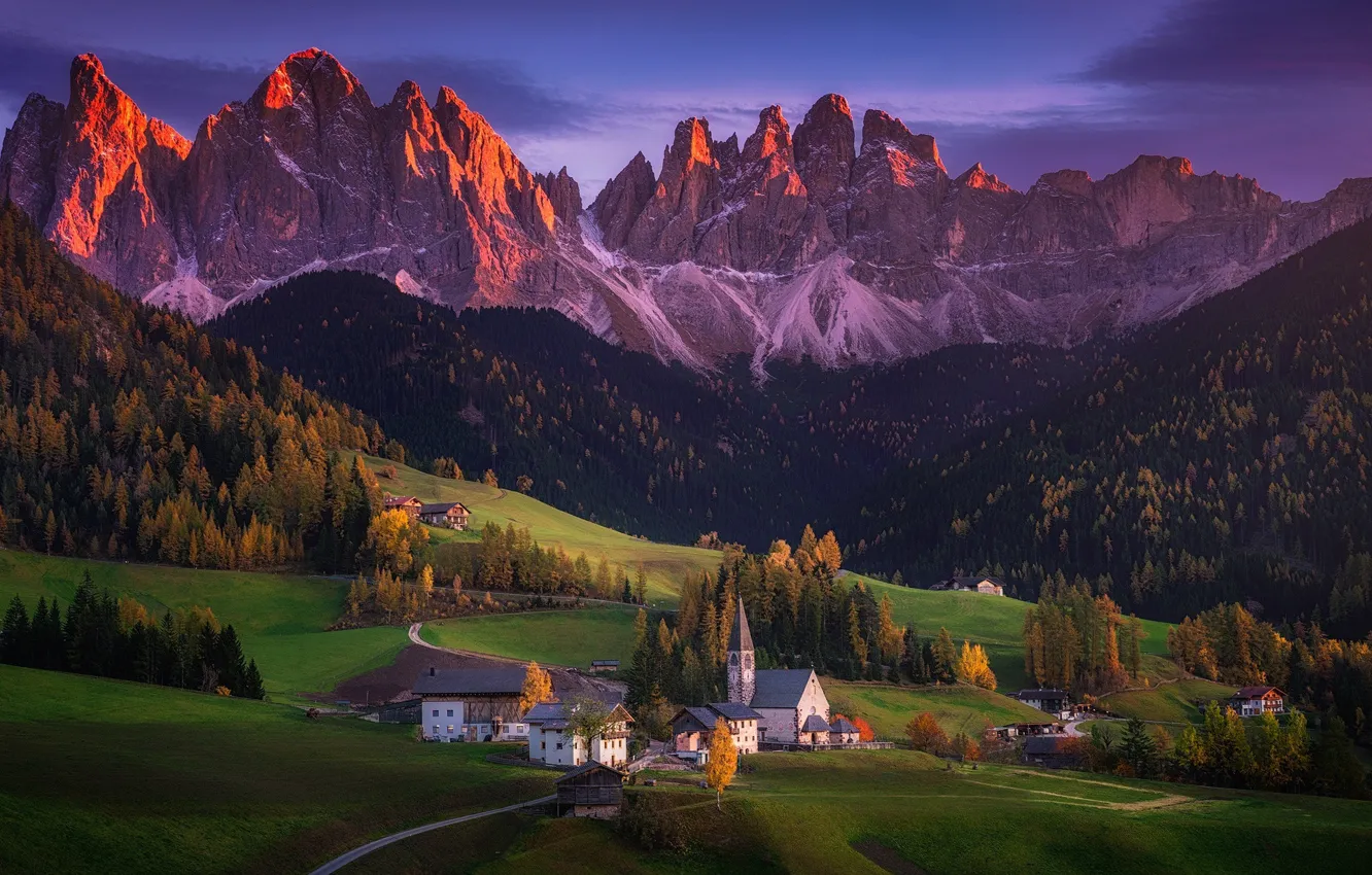 Photo wallpaper autumn, mountains, home, valley, Alps, Italy