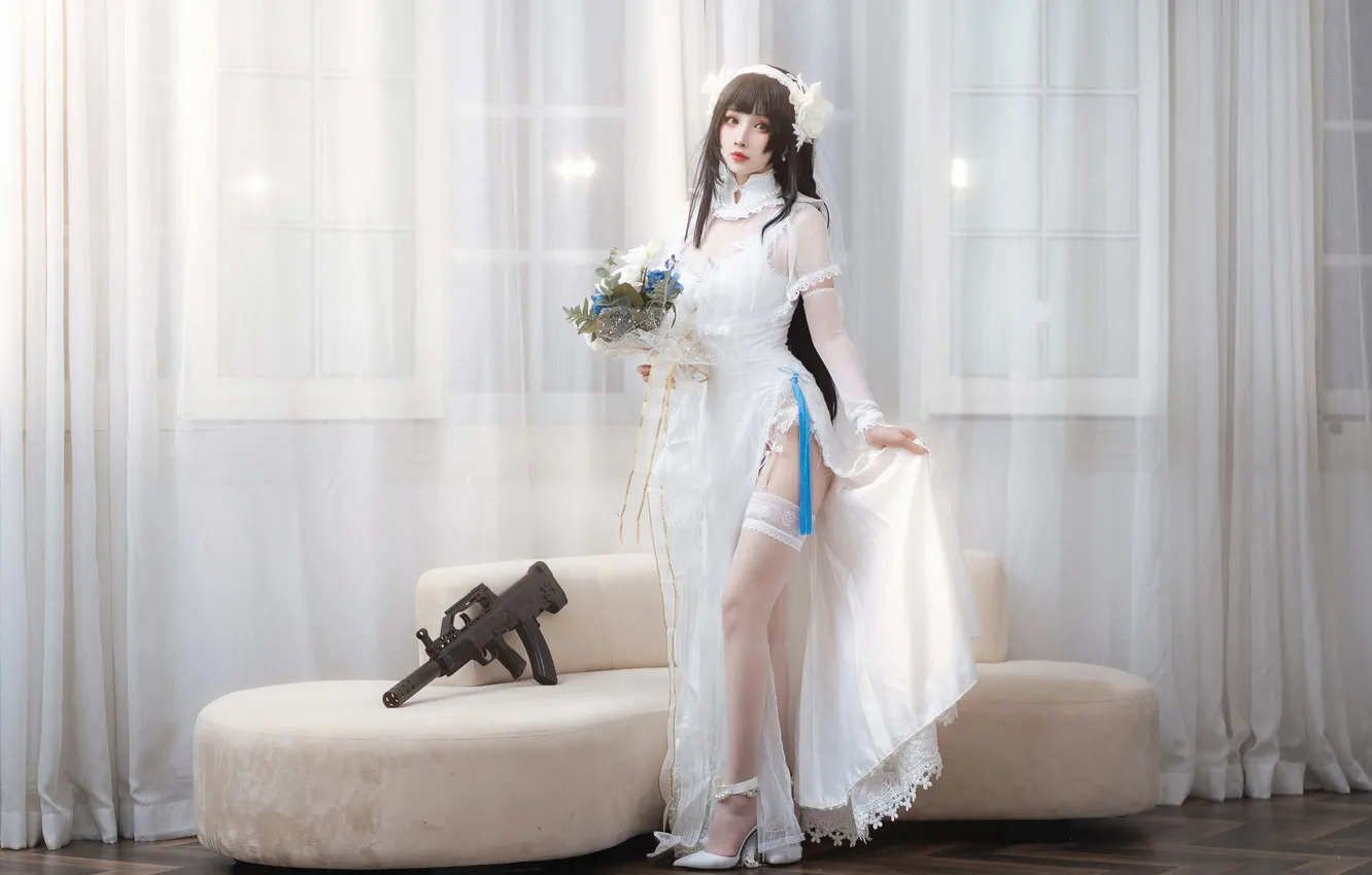 Photo wallpaper gun, weapon, woman, beautiful, model, pretty, window, cosplay