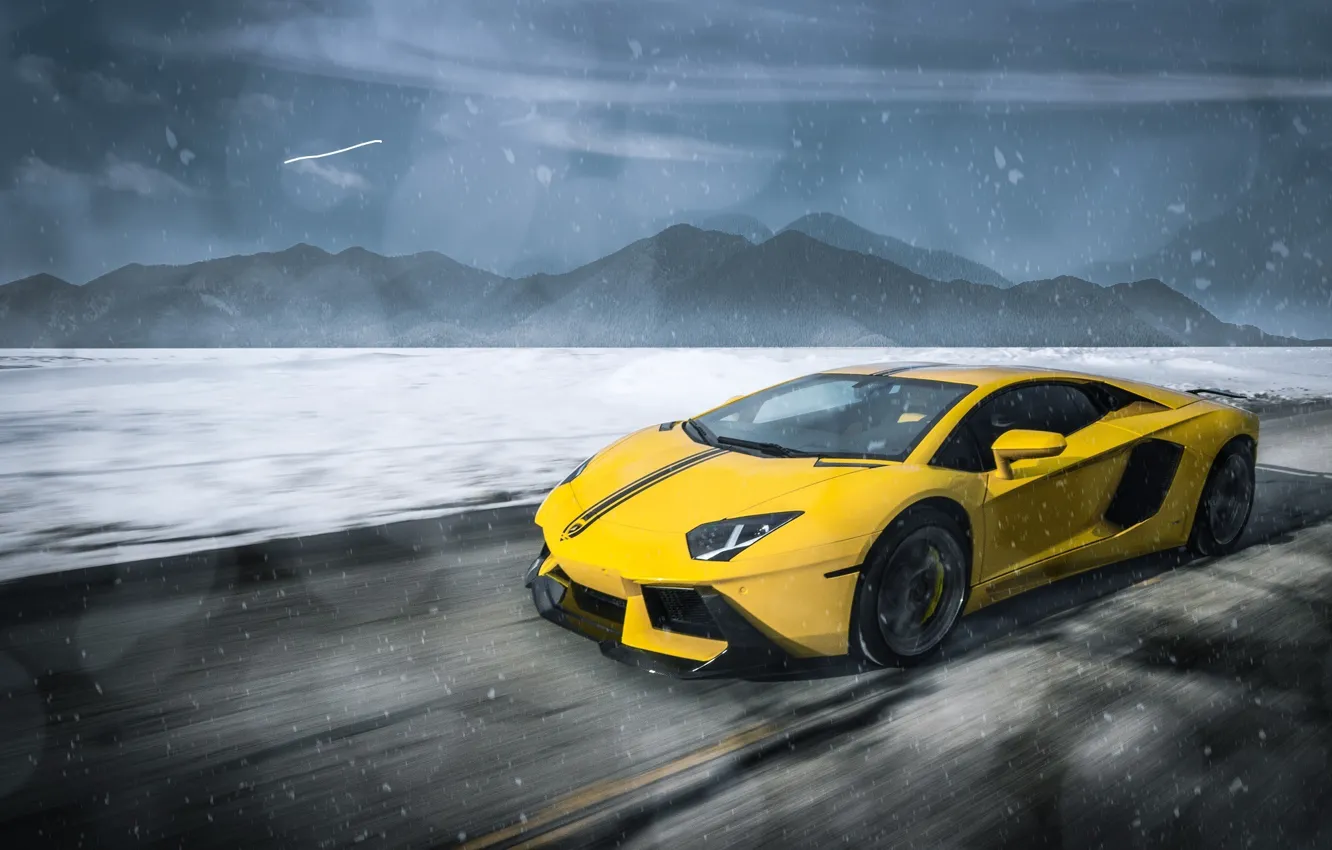 Photo wallpaper Lamborghini, Clouds, Speed, Front, Snow, Yellow, LP700-4, Aventador