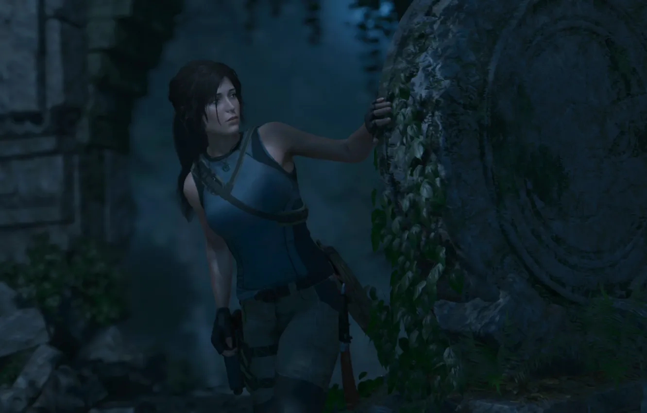 Photo wallpaper night, cave, Lara Croft