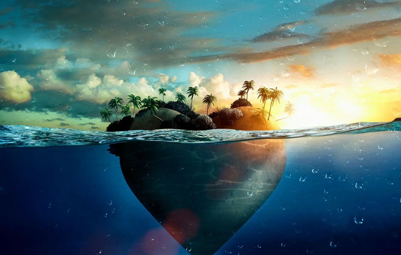 Photo wallpaper sea, water, drops, palm trees, heart, island