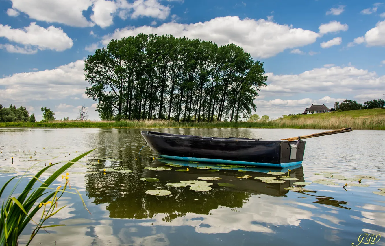 Photo wallpaper the sky, trees, landscape, lake, boat