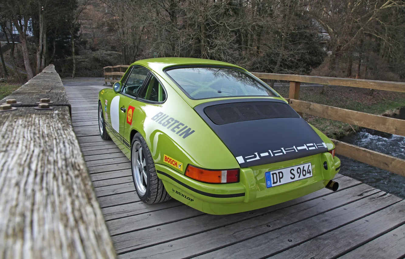 Photo wallpaper Porsche, Green, Porsche 911, Coupe, 964, River, 2014, Rear