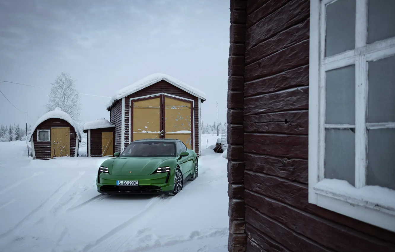 Photo wallpaper snow, house, wall, Porsche, green, structure, 2020, Taycan