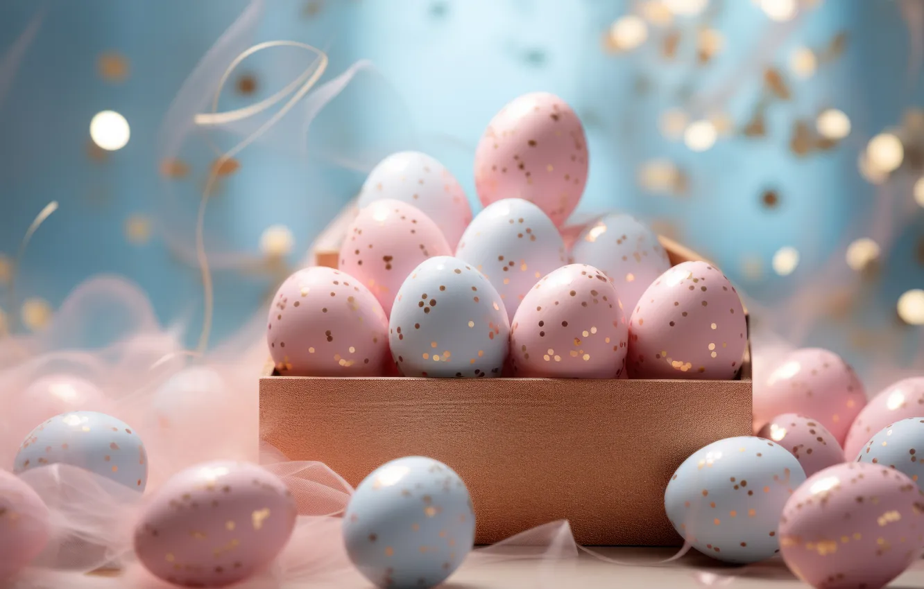 Photo wallpaper holiday, box, eggs, Easter, box, painted, AI art, Easter background