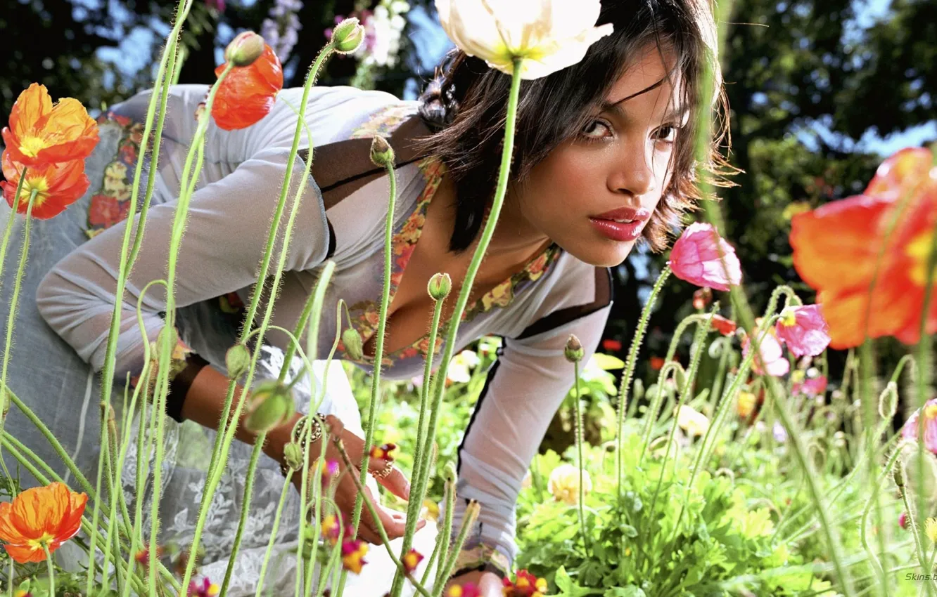 Photo wallpaper Rosario Dawson, flowers, brunette, Gardening
