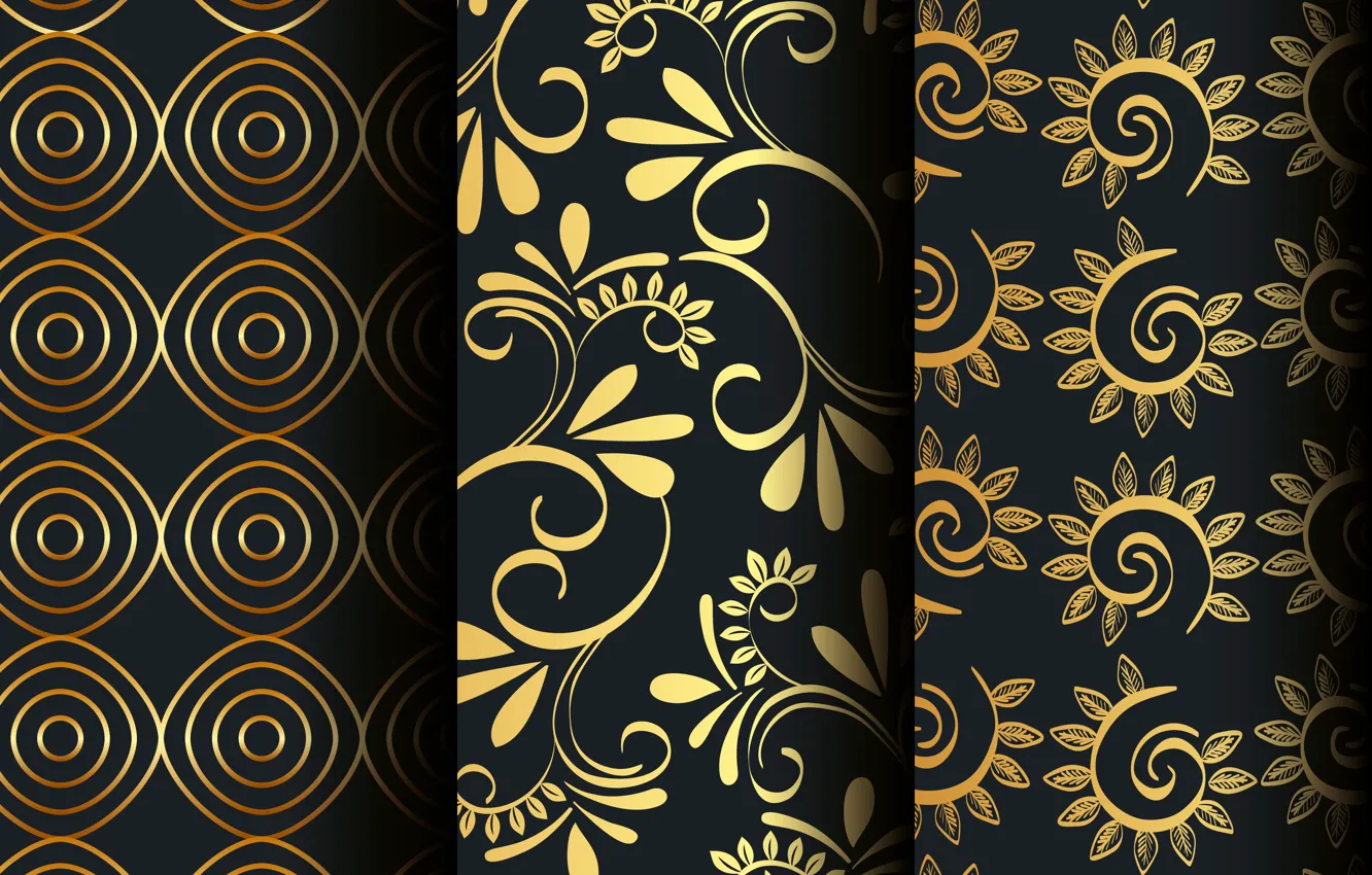 Photo wallpaper flowers, background, pattern, black, golden, patterns, set, floral