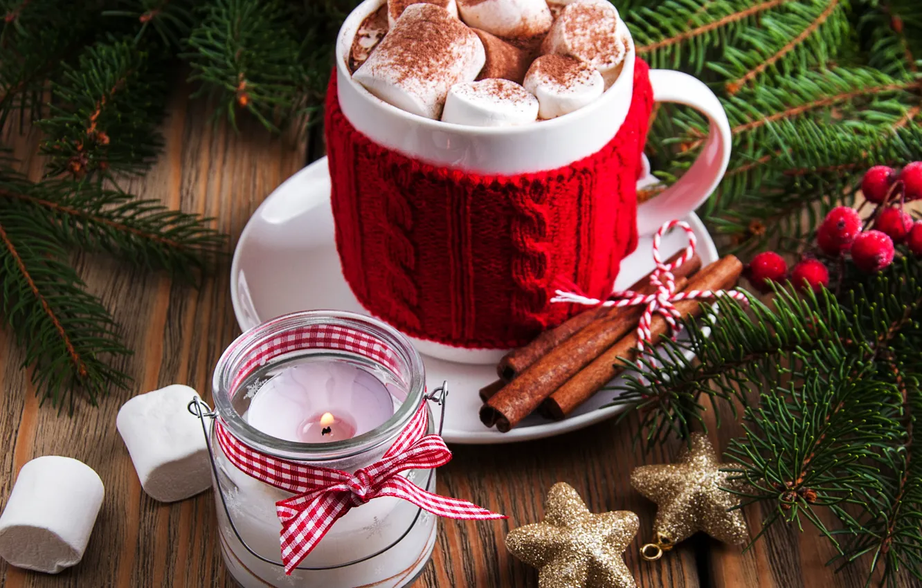 Photo wallpaper decoration, new year, Christmas, Christmas, wood, cup, cocoa, decoration