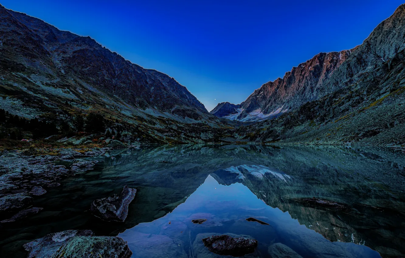 Photo wallpaper landscape, mountains, night, nature, lake, reflection, Altay, Maxim Usanin