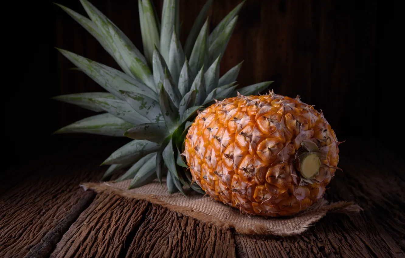 Photo wallpaper leaves, pineapple, bag, wooden background