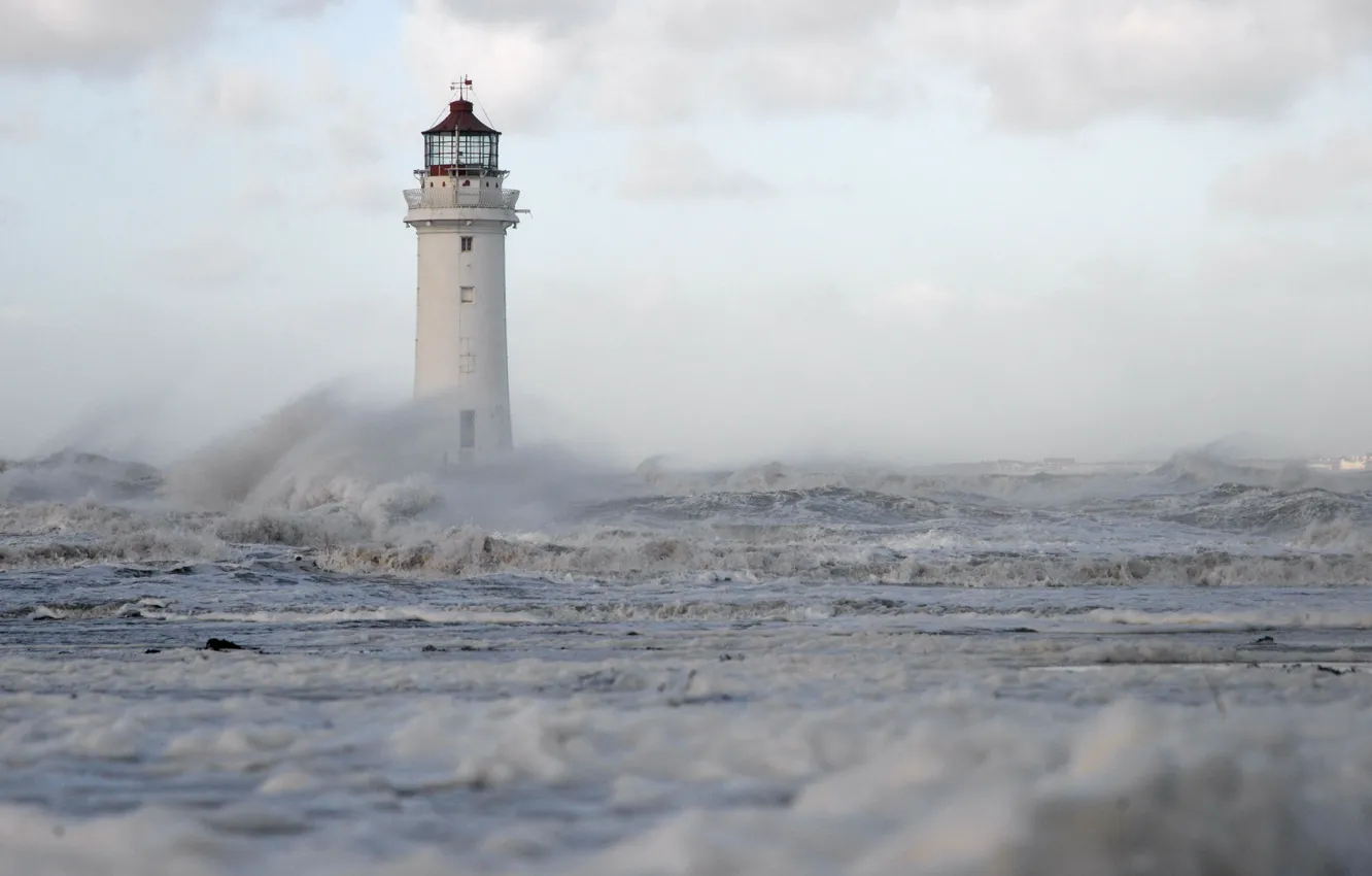 Photo wallpaper sea, wave, squirt, storm, lighthouse, England