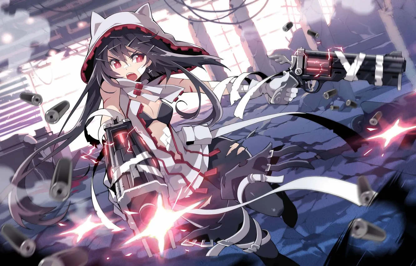 Photo wallpaper girl, gun, weapons, building, art, hood, destruction, tape
