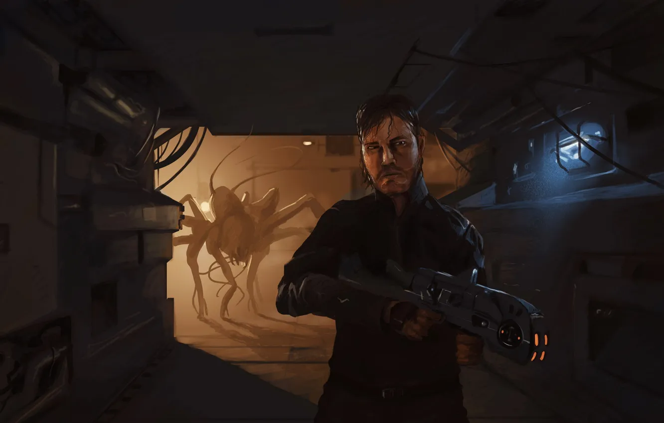 Photo wallpaper weapons, people, monster, cockroach, corridor, mutant