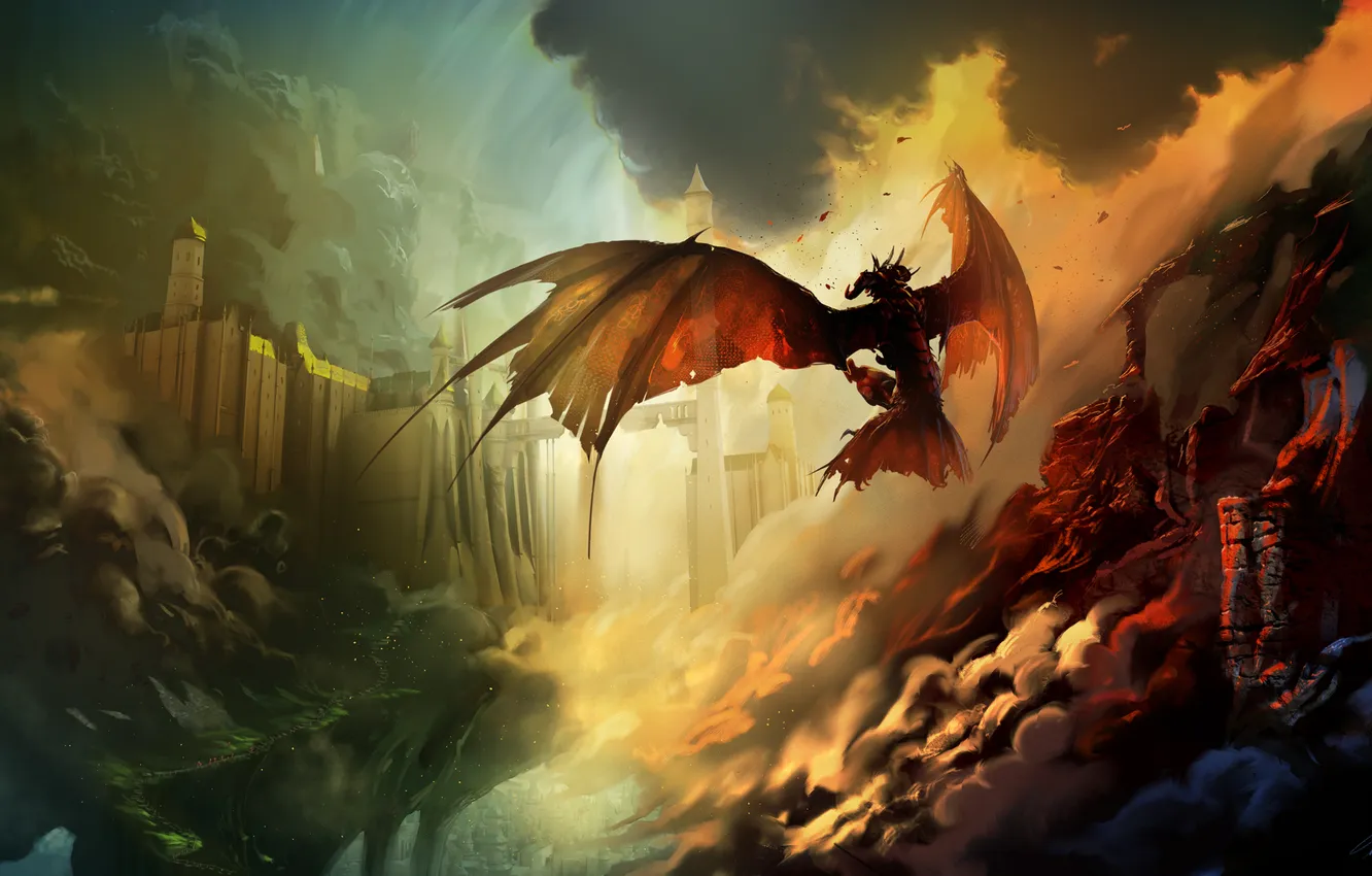 Photo wallpaper the sky, clouds, castle, dragon