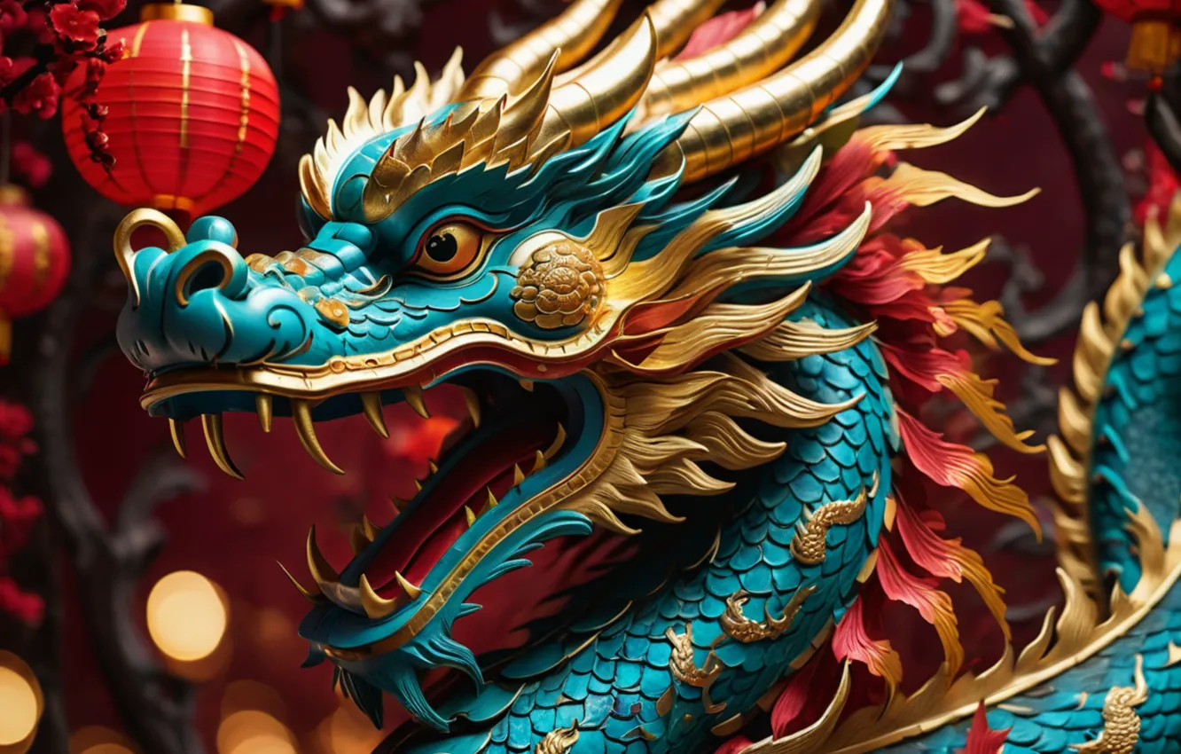 Photo wallpaper dragon, new year, colorful, golden, gold, symbol, Chinese, New Year
