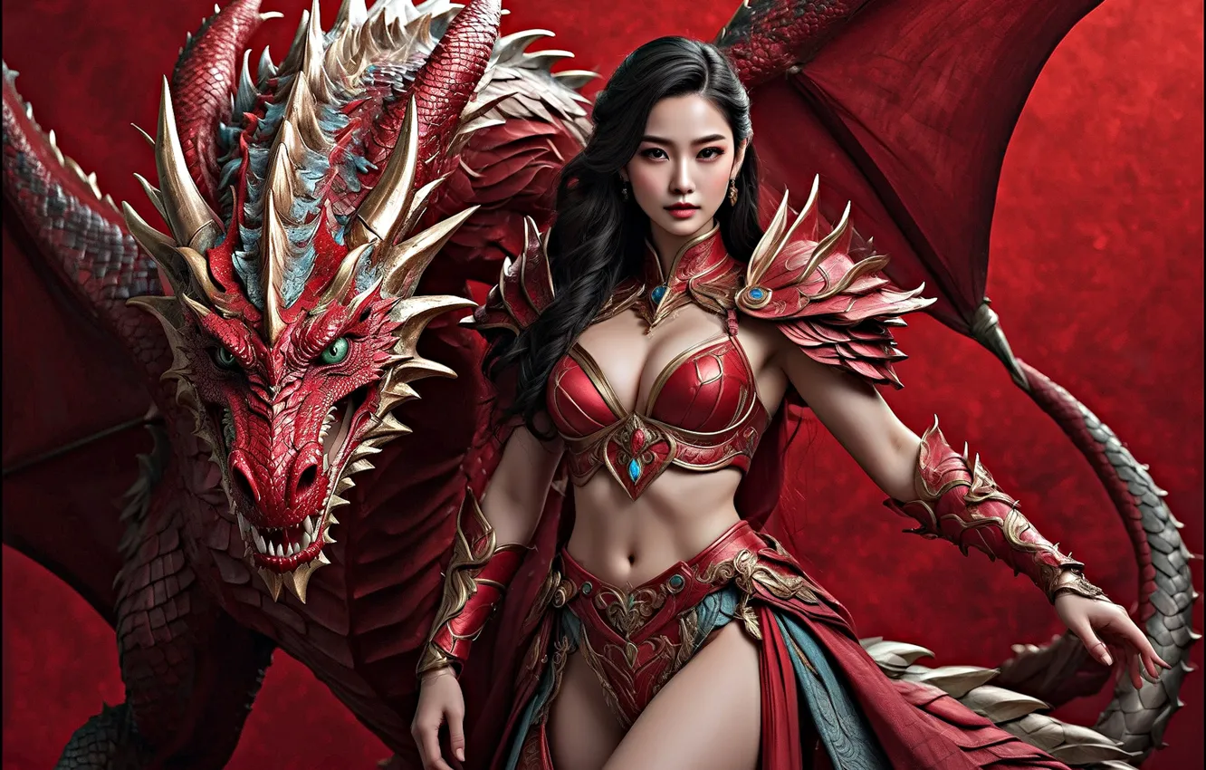 Photo wallpaper pose, look, dragon, girl, AI art, Asian, neural network