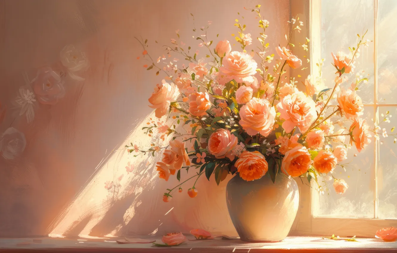 Photo wallpaper light, flowers, table, wall, roses, bouquet, window, vase