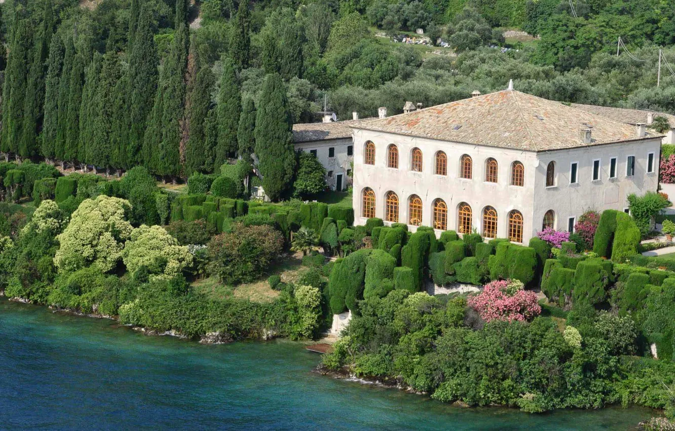 Photo wallpaper trees, lake, Villa, Italy, Garda, Villa Guarienti