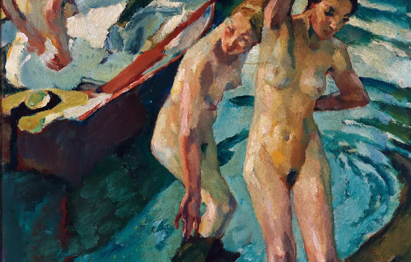 Photo wallpaper water, girl, picture, three, naked, Bathers, Leo Putz, Leo Putz