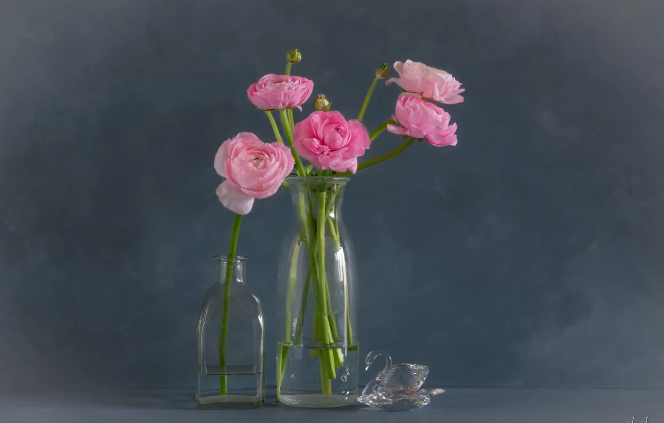 Photo wallpaper glass, background, bouquet, vase, buttercups