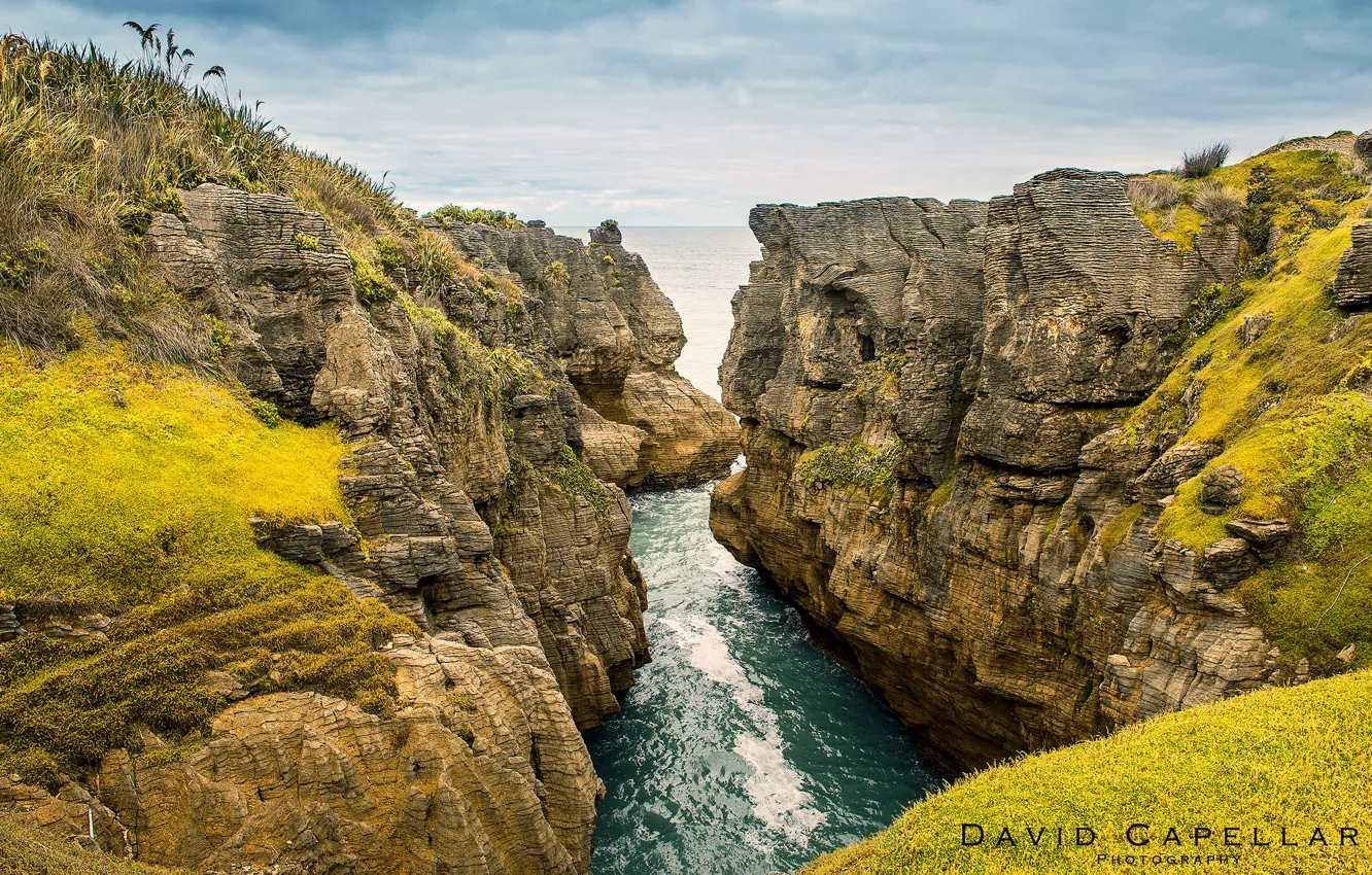 Photo wallpaper landscape, nature, river, the ocean, rocks, New Zealand, David Capellari