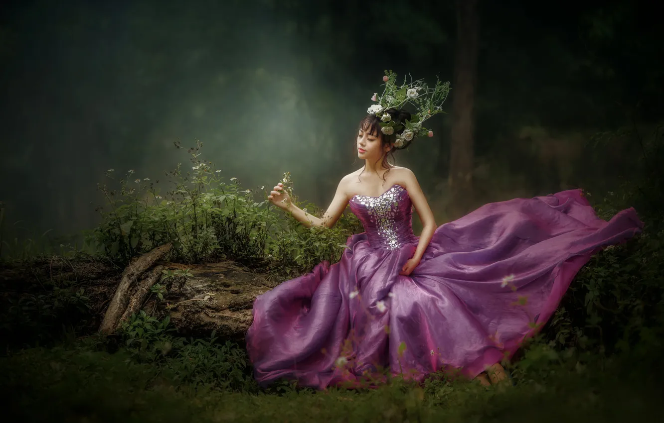 Photo wallpaper look, girl, nature, pose, style, glade, fairy, log