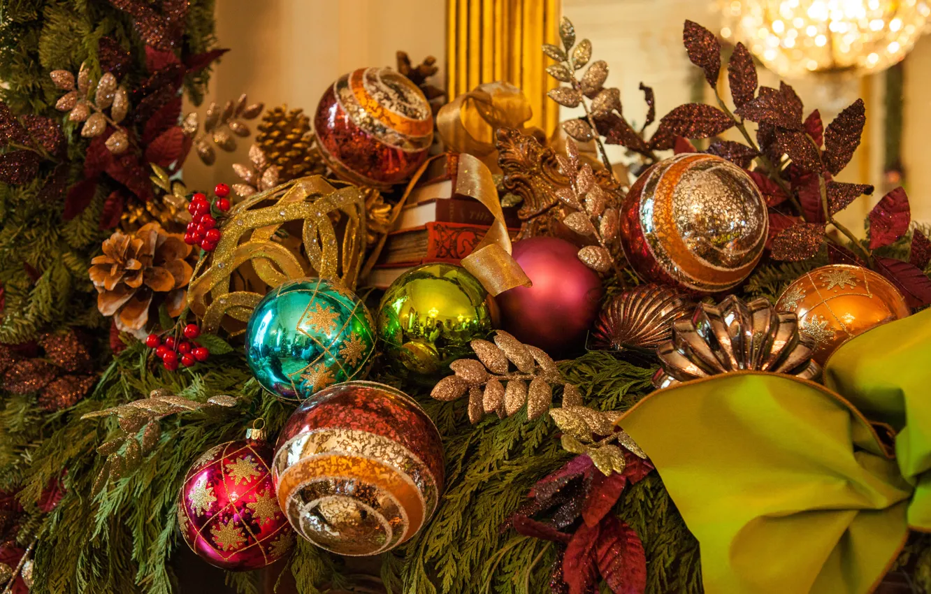Photo wallpaper branches, holiday, balls, toy, new year, book, colorful, bumps