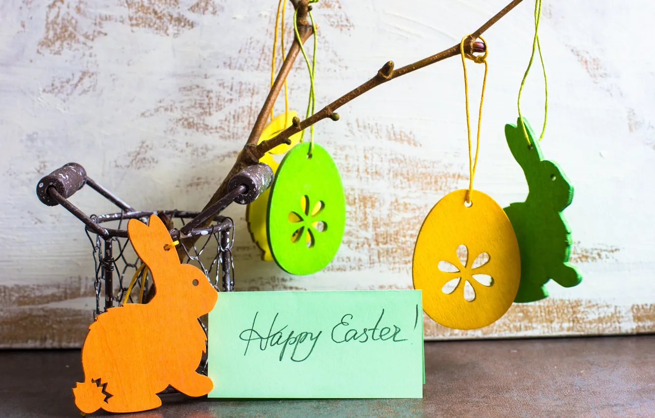 Photo wallpaper branches, holiday, eggs, rabbit, Easter, figures, suspension, card