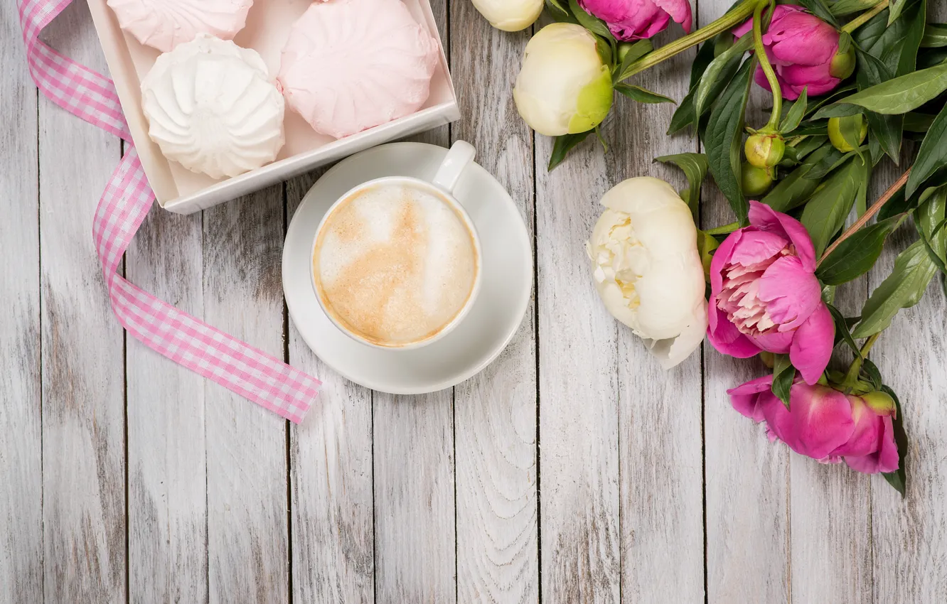 Photo wallpaper coffee, buds, pink, flowers, romantic, peonies, marshmallows, peonies