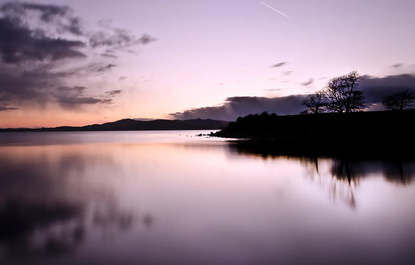 Photo wallpaper the sky, clouds, trees, lake, meteor, the evening, twilight, silhouettes