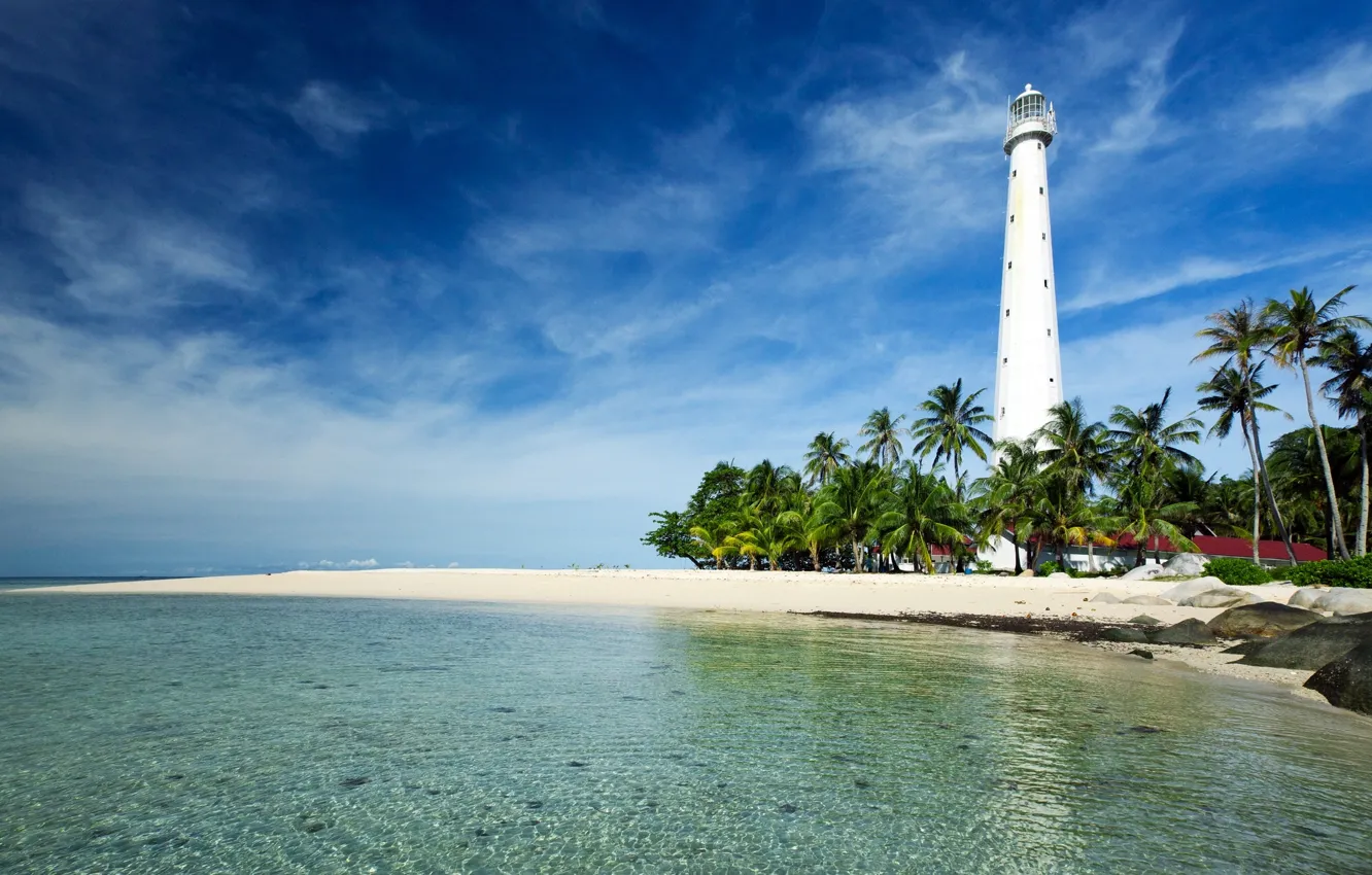 Photo wallpaper palm trees, coast, lighthouse, Indonesia, Indonesia, Belitung Island, The Java sea, Java Sea