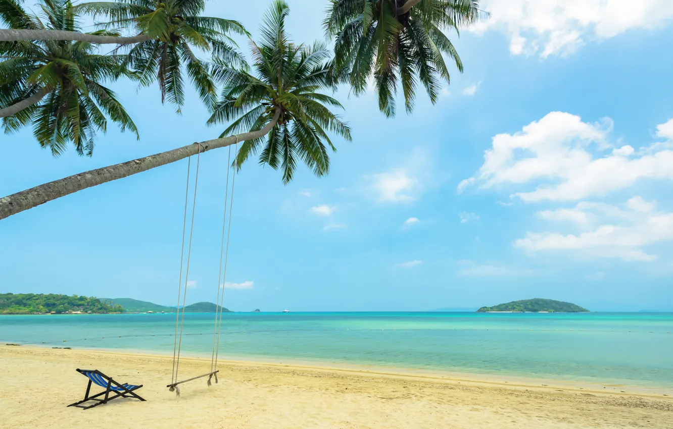 Photo wallpaper sand, sea, wave, beach, summer, the sun, palm trees, swing