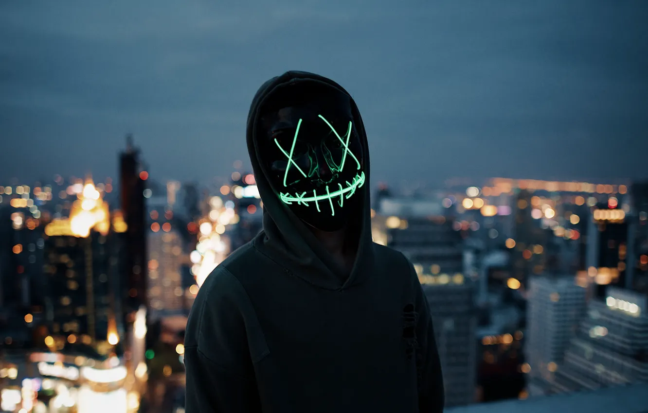 Photo wallpaper lights, dark, wallpaper, blur, neon, situations, anonymous, mask