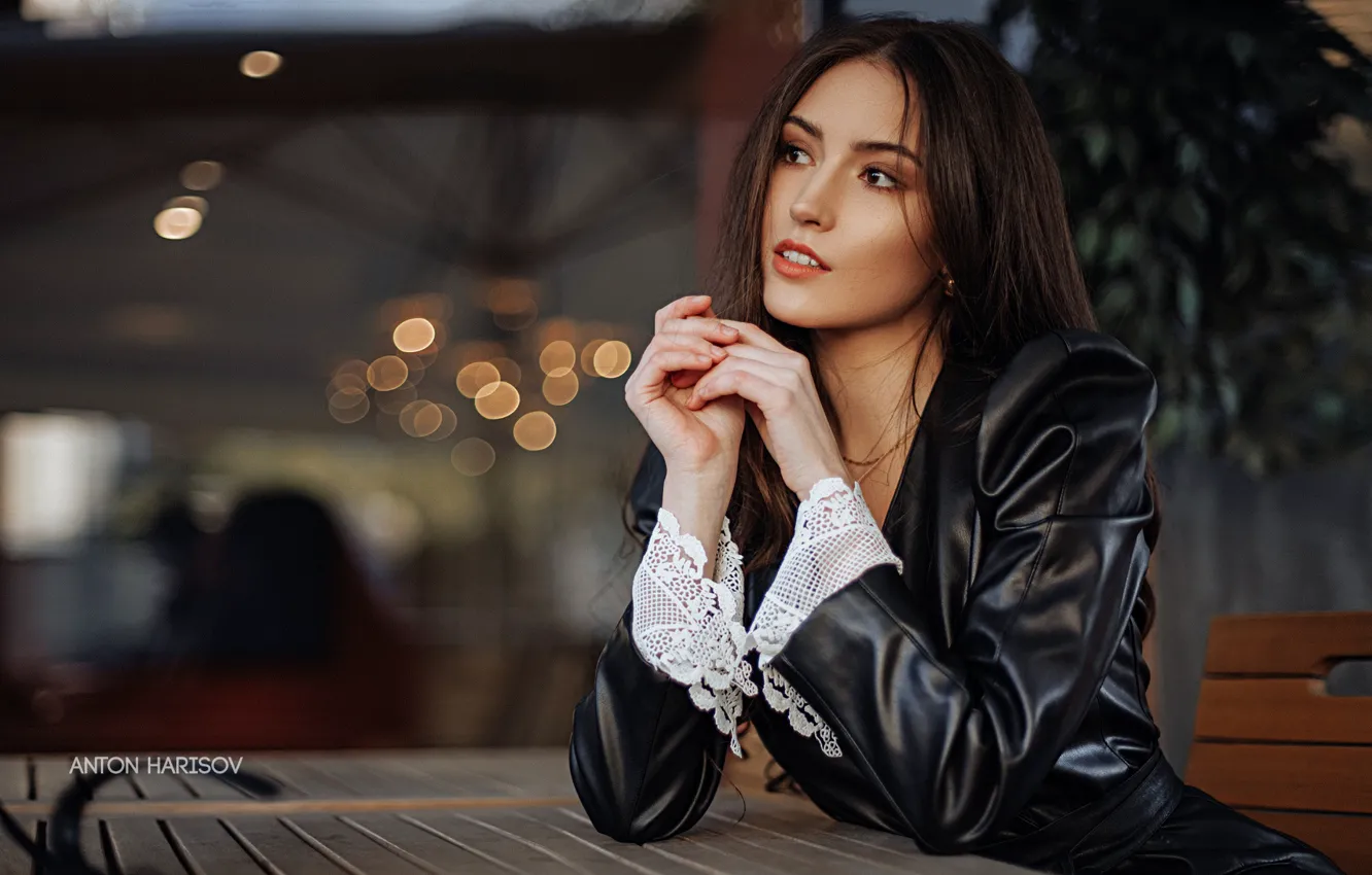 Photo wallpaper look, girl, makeup, dress, brunette, table, bokeh, Anton Kharisov