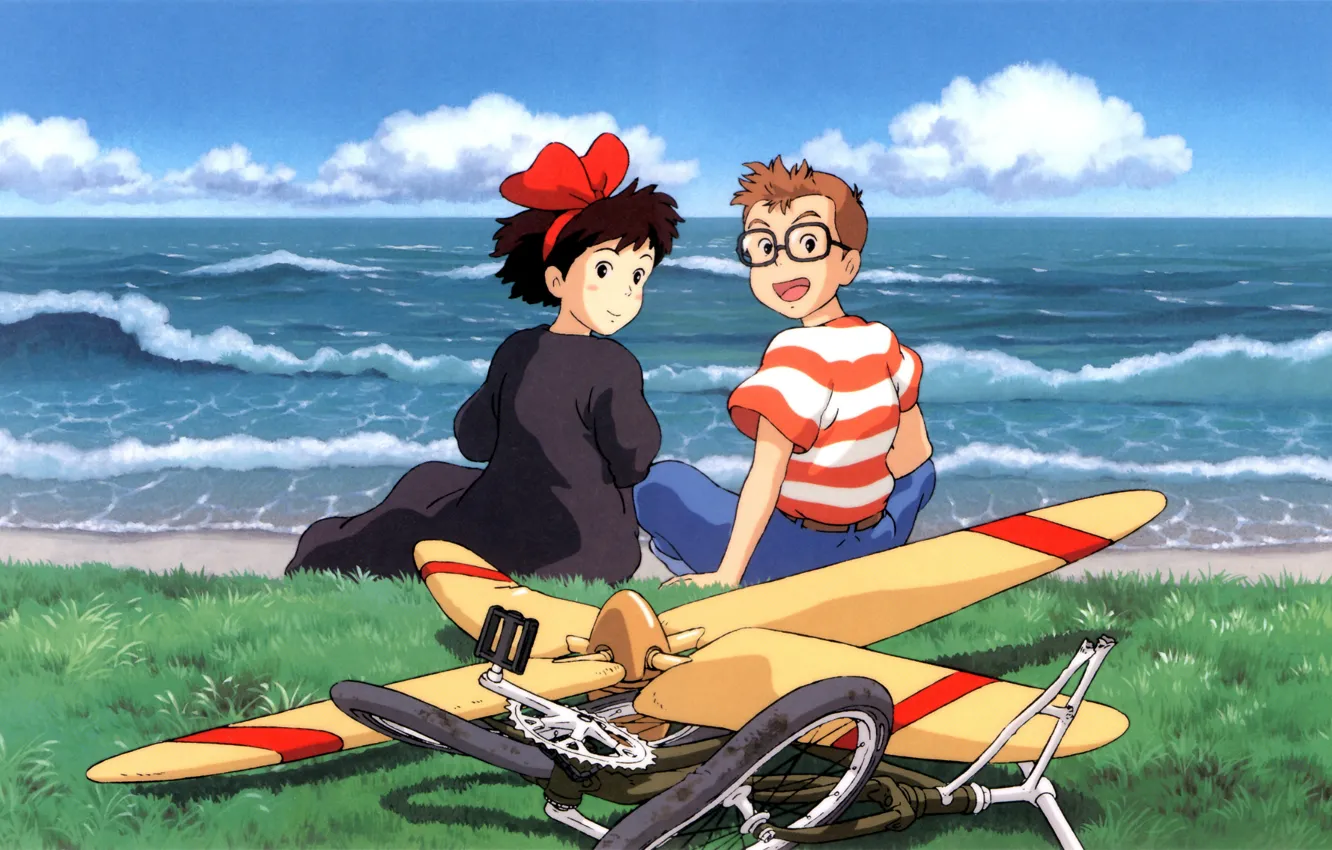 Photo wallpaper wave, grass, joy, bike, glasses, propeller, two, Hayao Miyazaki