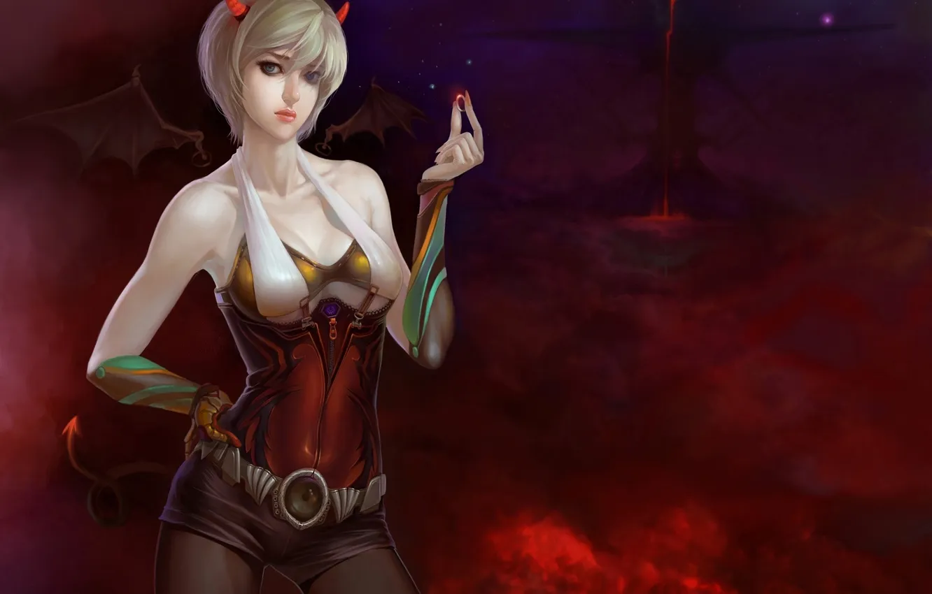 Photo wallpaper look, girl, smoke, wings, the demon, tail, horns, SpecV