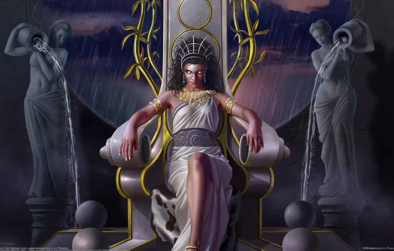 Photo wallpaper look, water, girl, rain, art, statue, sitting, the throne