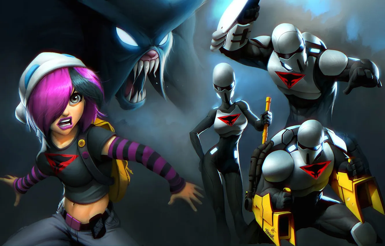 Photo wallpaper girl, weapons, monster, costume, emblem, fighter