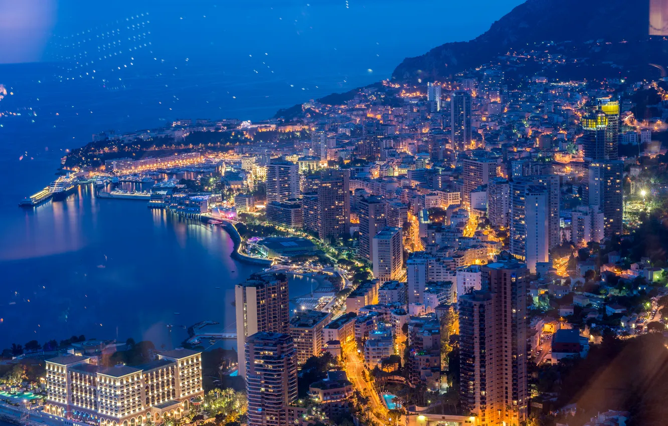 Photo wallpaper sea, landscape, night, lights, coast, the view from the top, Monaco, Monte Carlo
