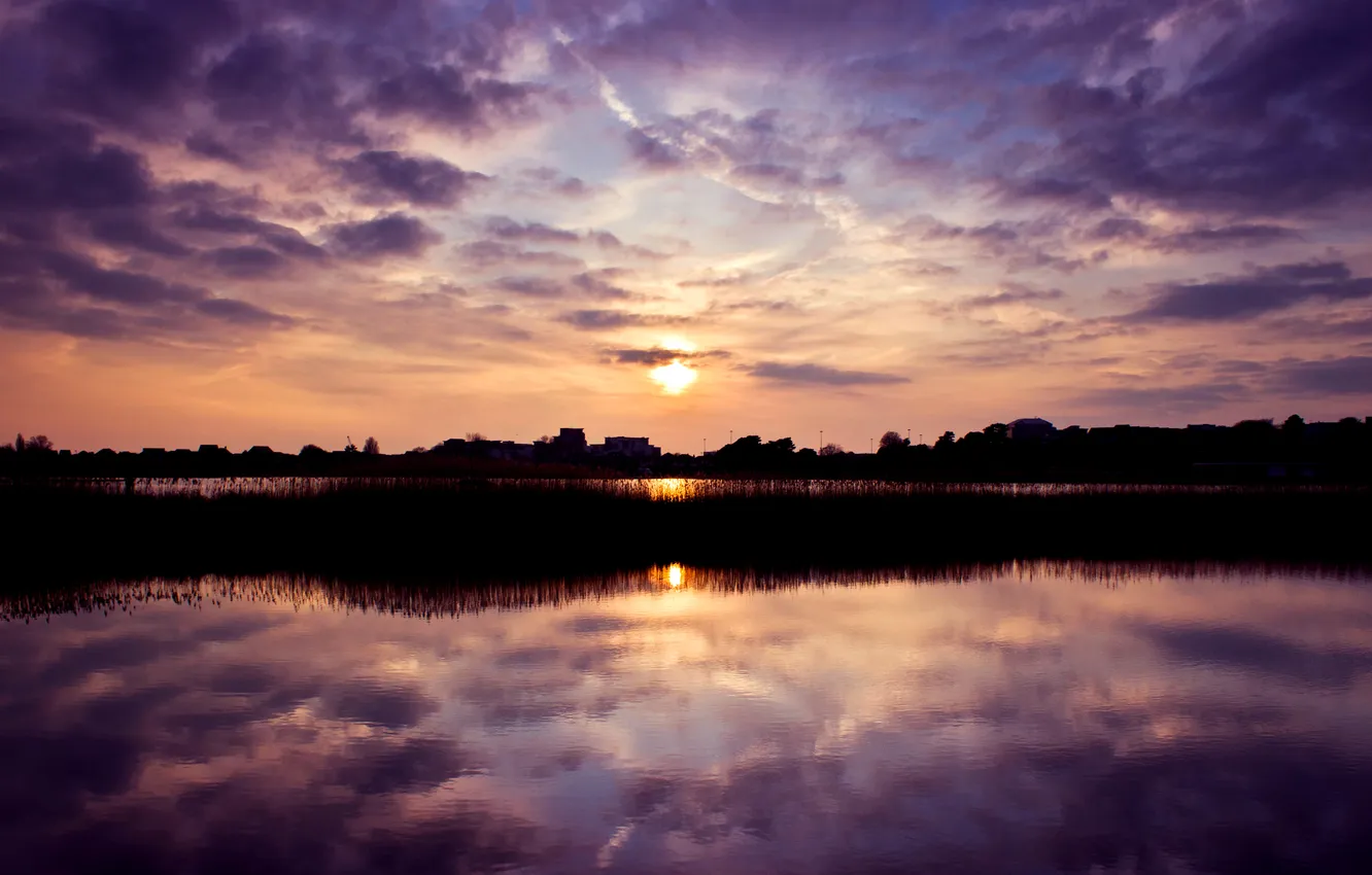 Photo wallpaper the sky, the sun, sunset, river